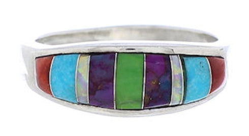 Sterling Silver Southwest Multicolor Inlay Ring Size 6-1/2 CX50615
